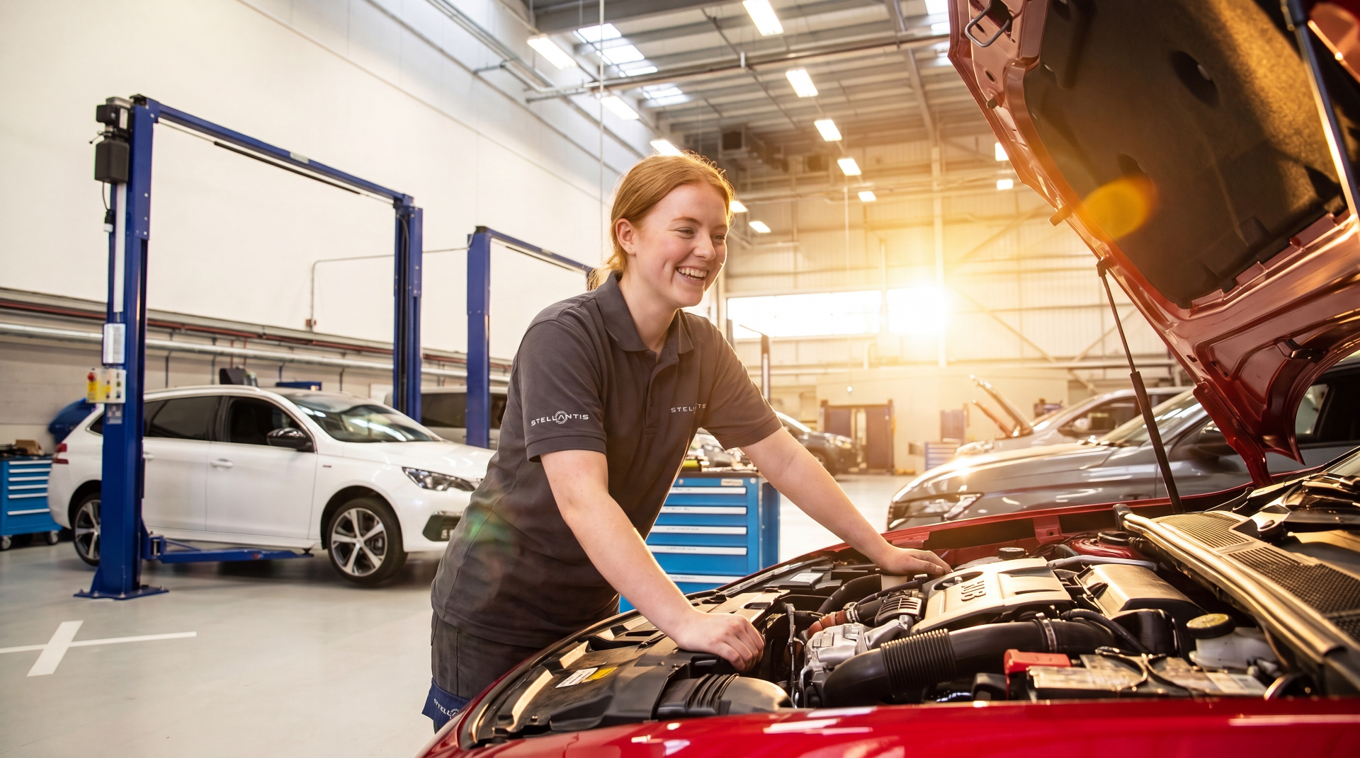 Female apprentice working on a car at a Stellantis workshop